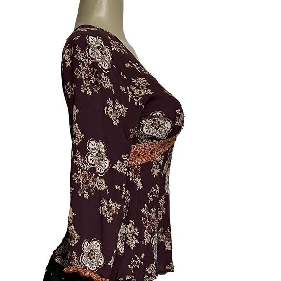 Quizz Bazaar Blouse Women's Medium Burgundy & White Flowy Floral Vintage Top - Picture 3 of 13